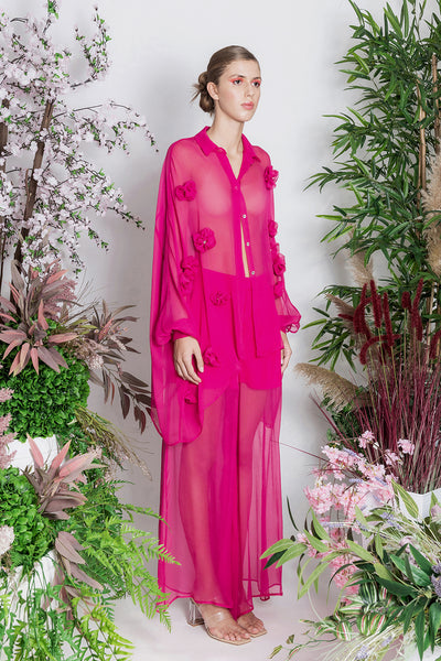 Pink Silk Oversized Shirt with Flowers