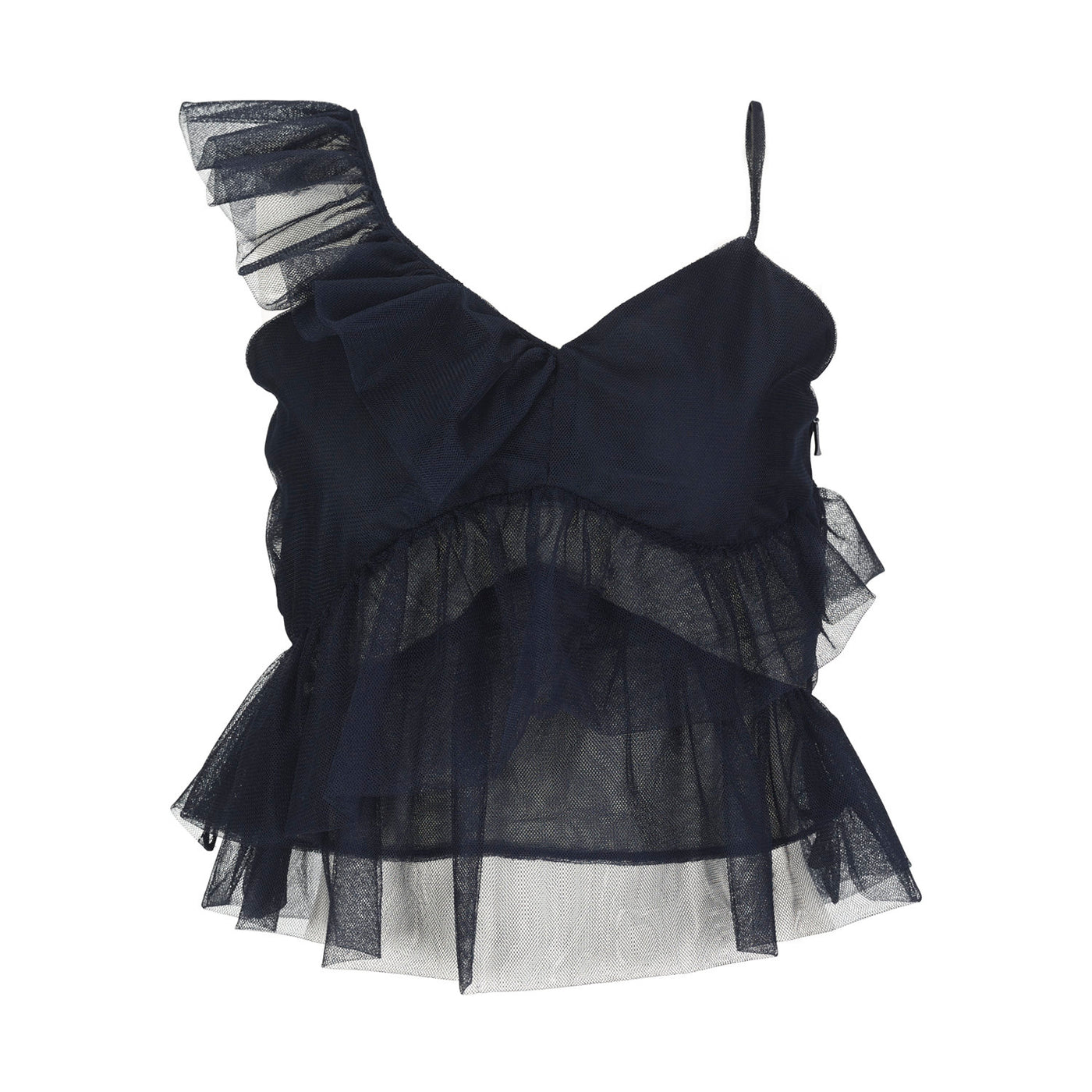 Navy Recycled Tulle Ruffle Top