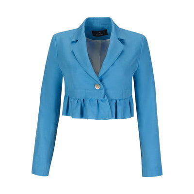 Blue Lyocell and Linen Mini Blazer with Ruffle