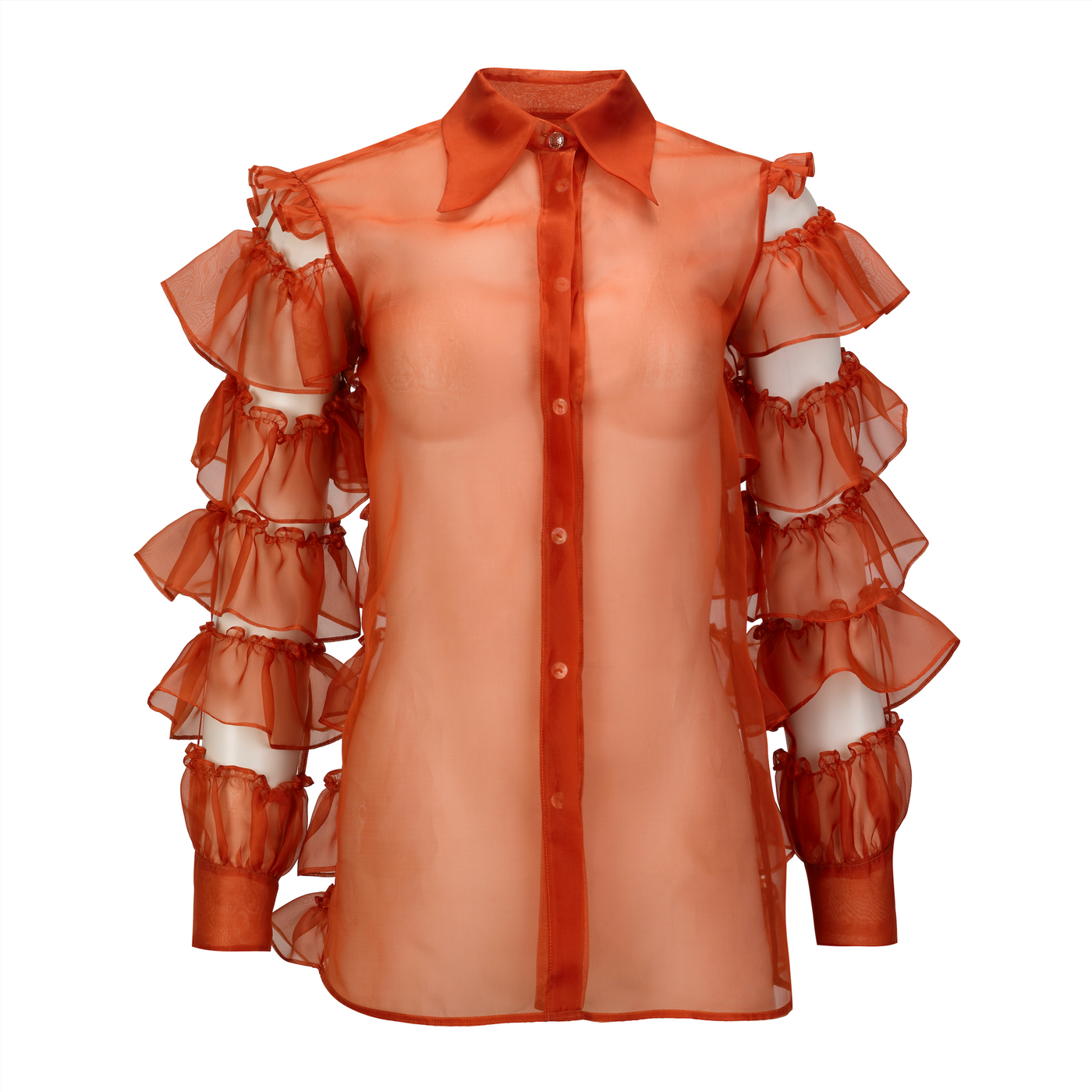 Orange Ruffled Silk Organza Shirt