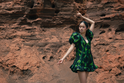 Green and Black Sequined V-neck Dress