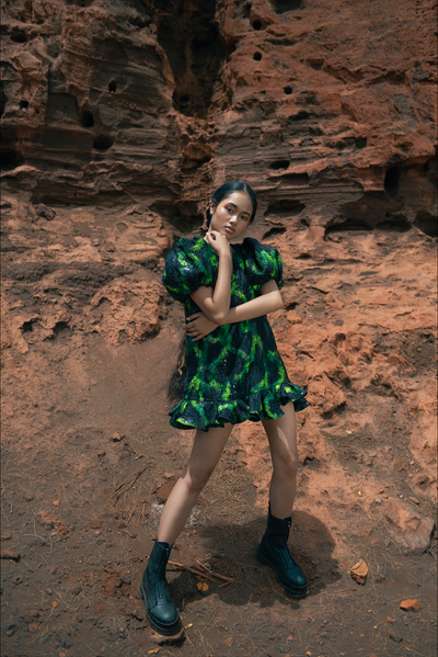Green and Black Sequined V-neck Dress