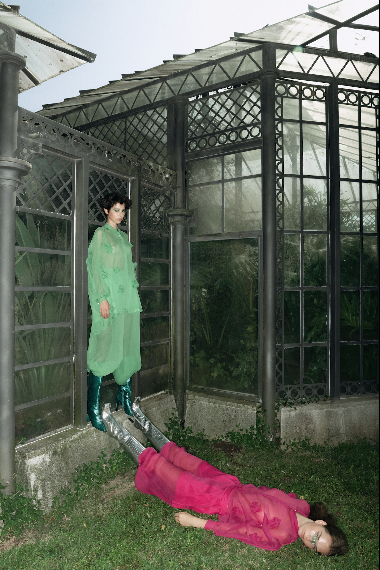 Green Silk Oversized Shirt with Flowers