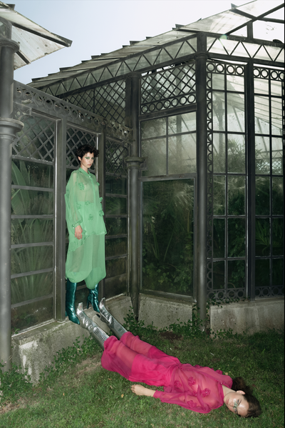 Green Silk Oversized Shirt with Flowers