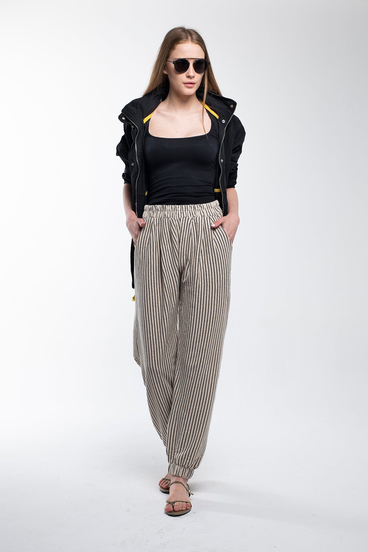 Striped Linen Pants with Elastic Legs