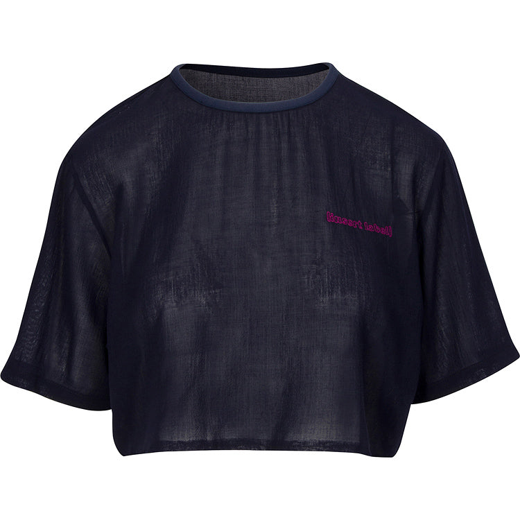 Image of navy cropped tee with embroidered (insert label) on wearer's left chest