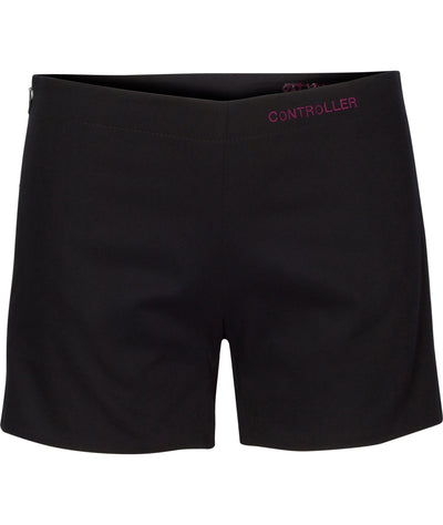 Image of black cotton twill shorts embroidered with controller on wearer's left waistband