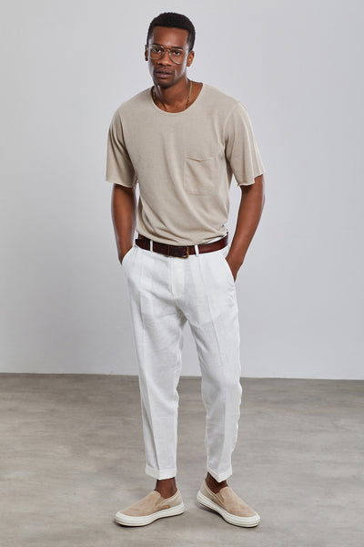 White Deluxe Carrot Fit Chino %100 Linen Pants