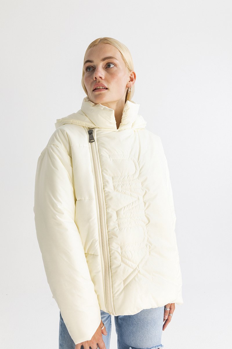 Women's Asymmetric Zip Front Puffer Jacket in Beige