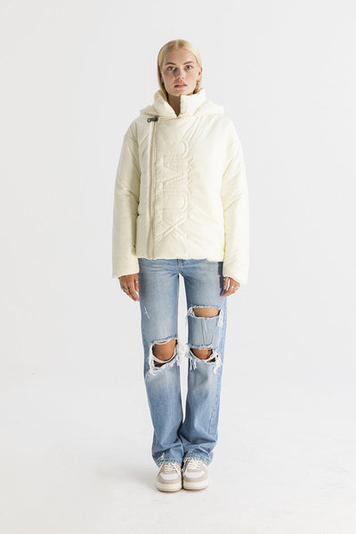 Women's Asymmetric Zip Front Puffer Jacket in Beige
