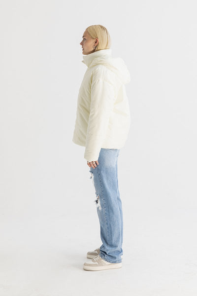 Women's Asymmetric Zip Front Puffer Jacket in Beige
