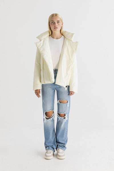 Women's Asymmetric Zip Front Puffer Jacket in Beige