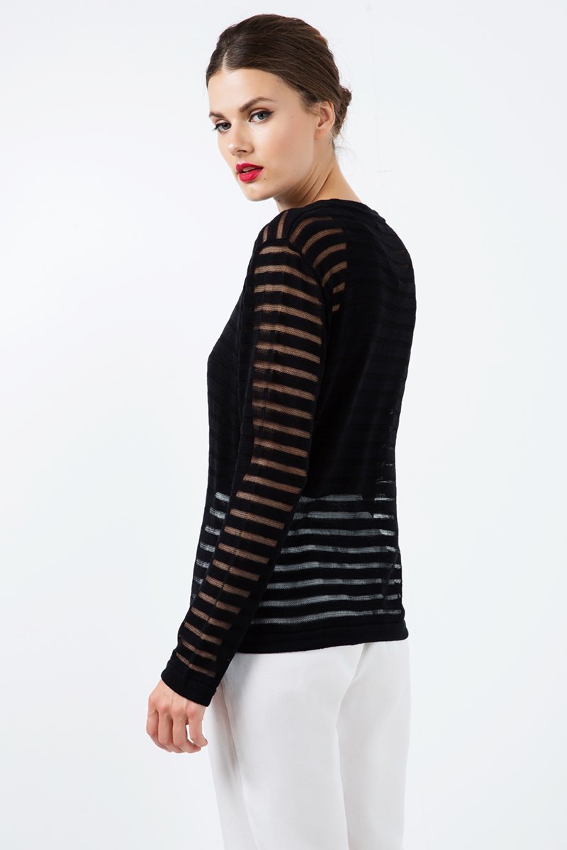 Black Knit Top with Semi Sheer Stripes - Conquista Fashion - The Clothing LoungeConquista Fashion