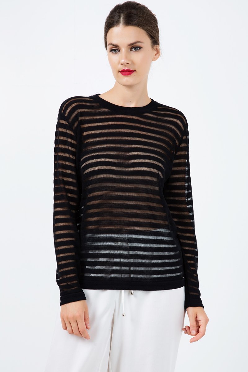 Black Knit Top with Semi Sheer Stripes - Conquista Fashion - The Clothing LoungeConquista Fashion