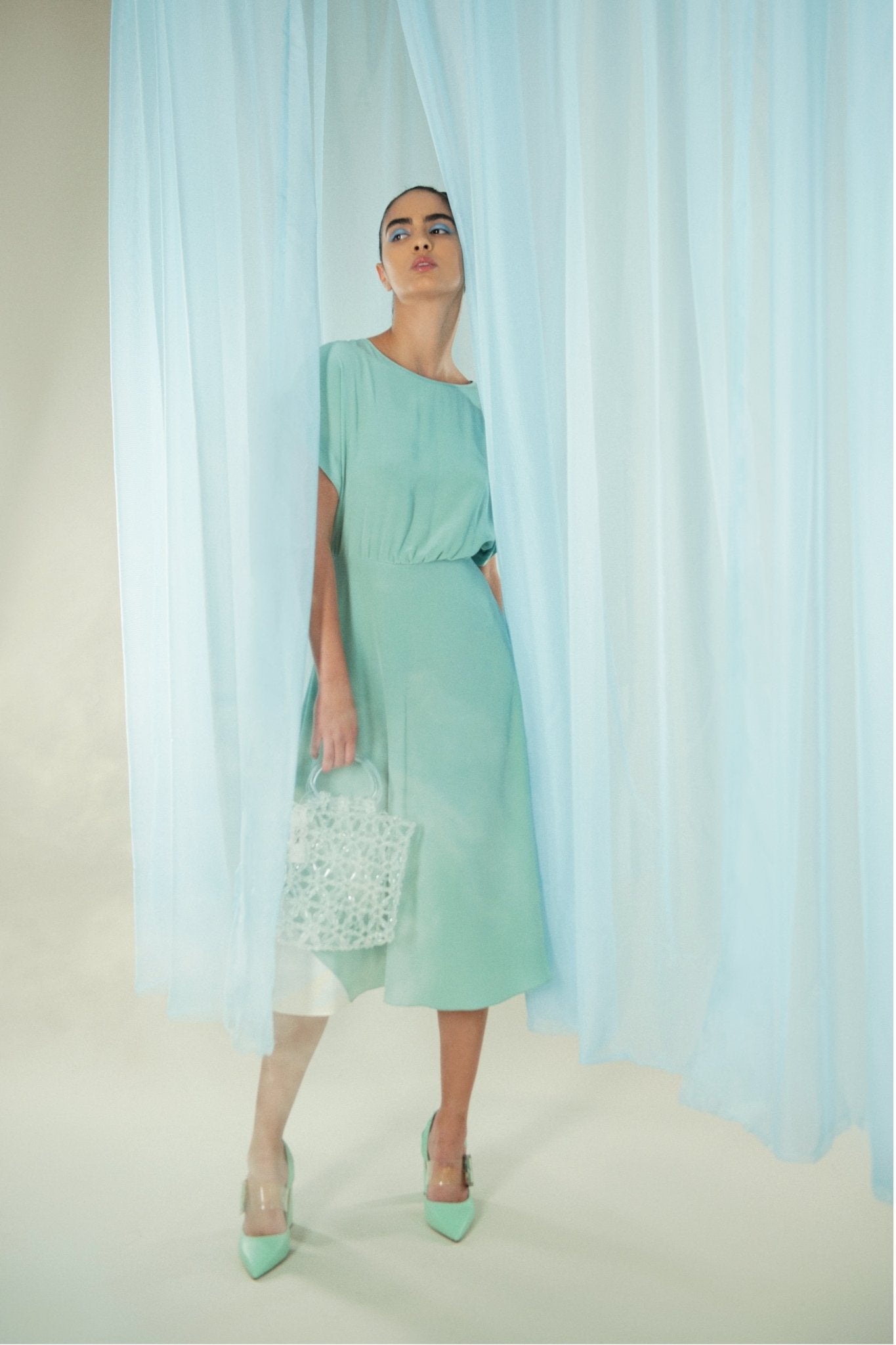 Blue Hand Dyed Silk Misty Marbled Dress - Edward Mongzar - The Clothing LoungeEdward Mongzar