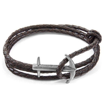 DARK BROWN ADMIRAL ANCHOR SILVER AND BRAIDED LEATHER BRACELET - The Clothing LoungeANCHOR & CREW