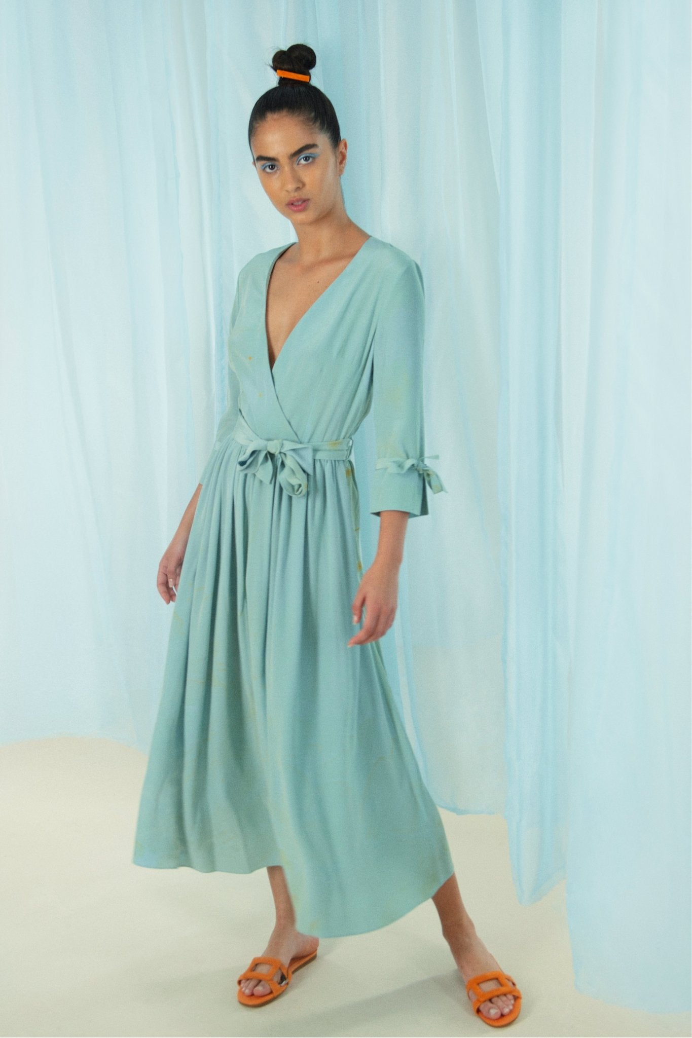 Duck Egg Blue Hand Marbled Silk Wrap Dress