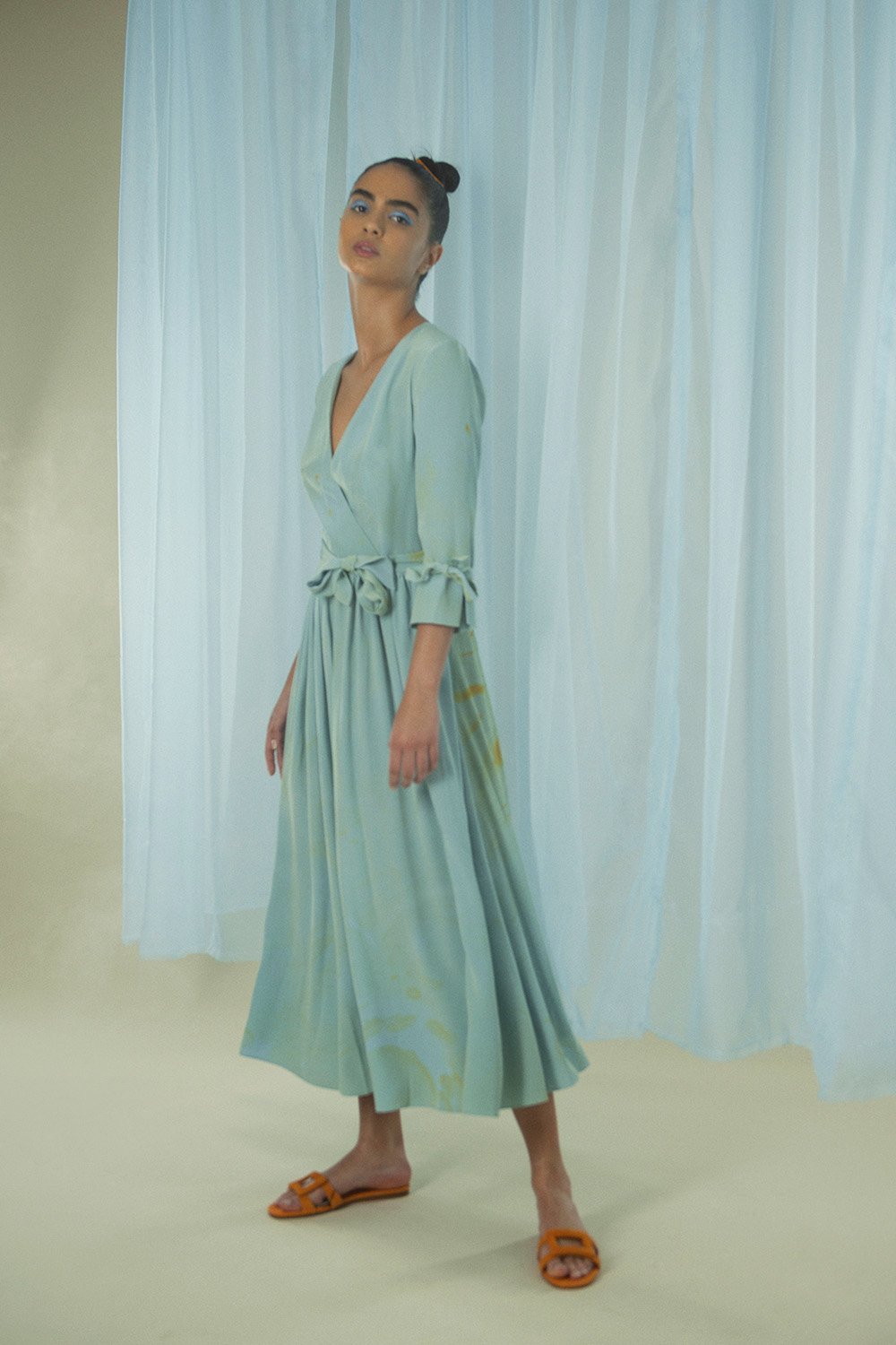 Duck Egg Blue Hand Marbled Silk Wrap Dress - Edward Mongzar  The Clothing  Lounge