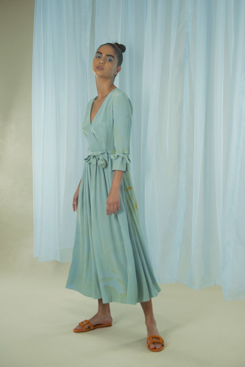 Duck Egg Blue Hand Marbled Silk Wrap Dress - Edward Mongzar - The Clothing LoungeEdward Mongzar
