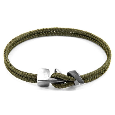 KHAKI GREEN BRIXHAM SILVER AND ROPE BRACELET - The Clothing LoungeANCHOR & CREW