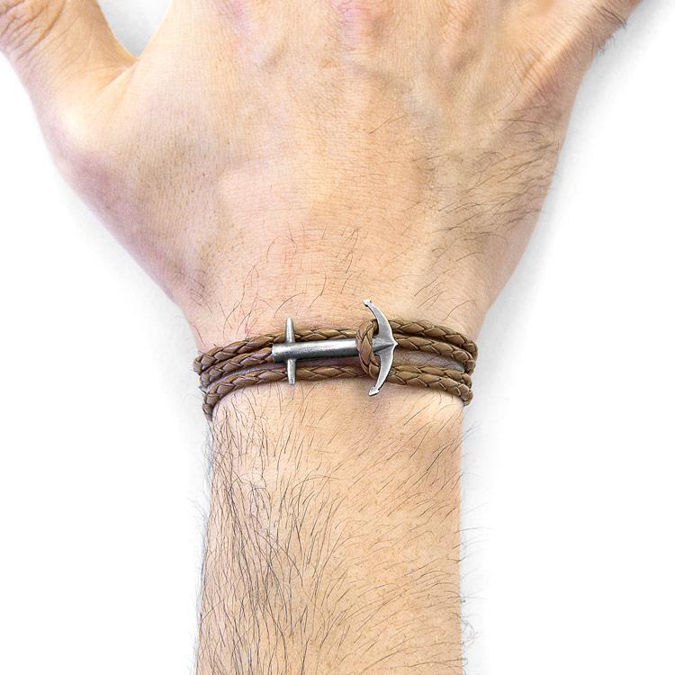 LIGHT BROWN ADMIRAL ANCHOR SILVER AND BRAIDED LEATHER BRACELET - The Clothing LoungeANCHOR & CREW
