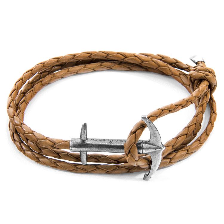 LIGHT BROWN ADMIRAL ANCHOR SILVER AND BRAIDED LEATHER BRACELET - The Clothing LoungeANCHOR & CREW