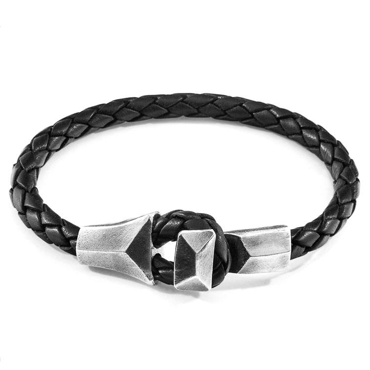 MIDNIGHT BLACK ALDERNEY SILVER AND BRAIDED LEATHER BRACELET - The Clothing LoungeANCHOR & CREW