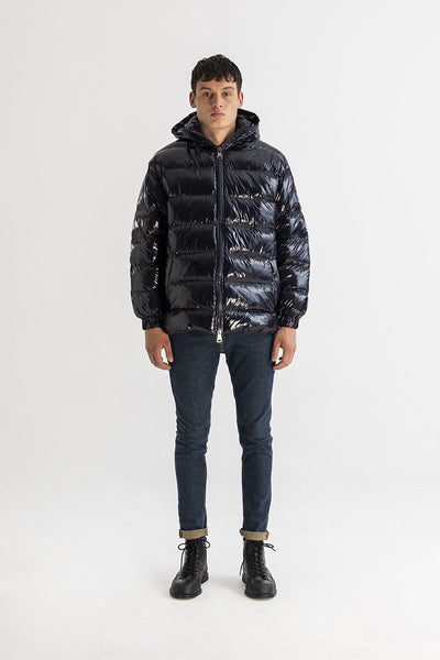 Men's Glossy Quilted Hooded Puffer Jacket in Navy