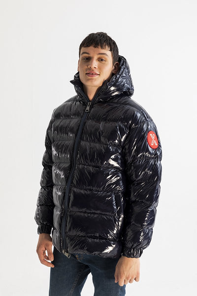 Men's Glossy Quilted Hooded Puffer Jacket in Navy