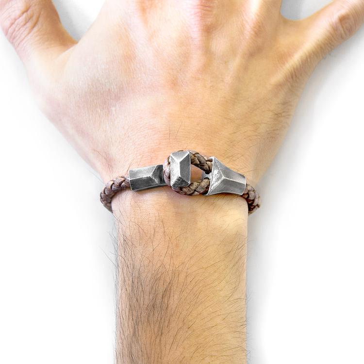 TAUPE GREY ALDERNEY SILVER AND BRAIDED LEATHER BRACELET - The Clothing LoungeANCHOR & CREW