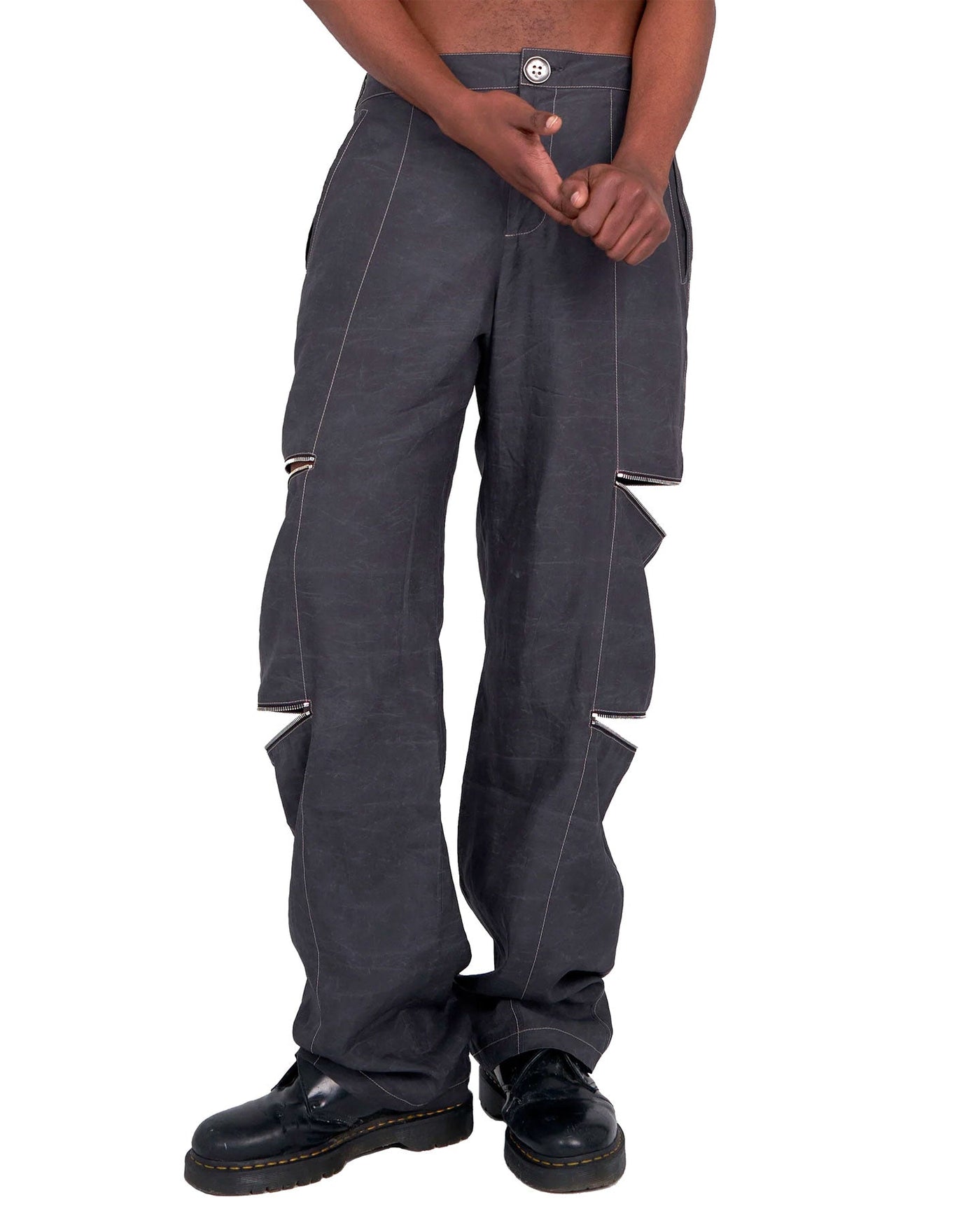 WAXED TENCEL TROUSERS WITH ZIP OPENINGS